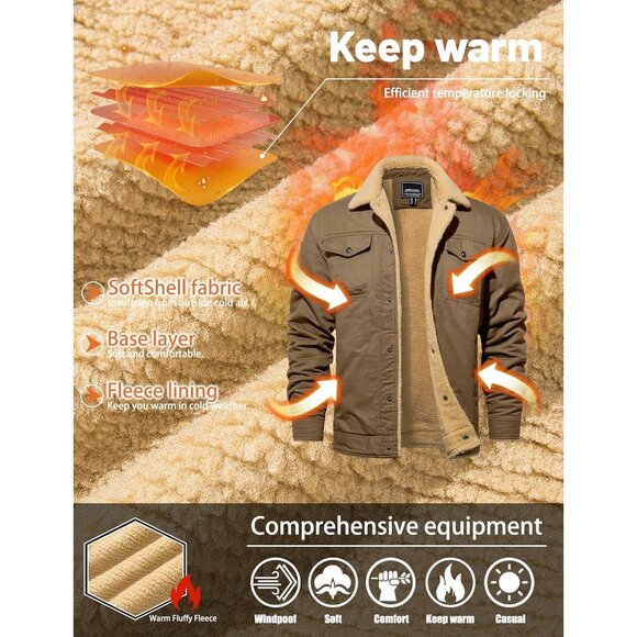 Tacvasen Men's Khaki Cotton Winter Fleece Lined Casual Warm Sherpa Jacket - Picture 2 of 6